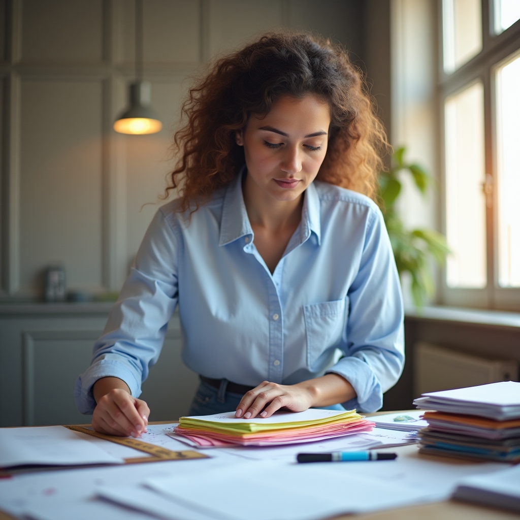 Organized administrative documents being reviewed and sorted by a professional consultant